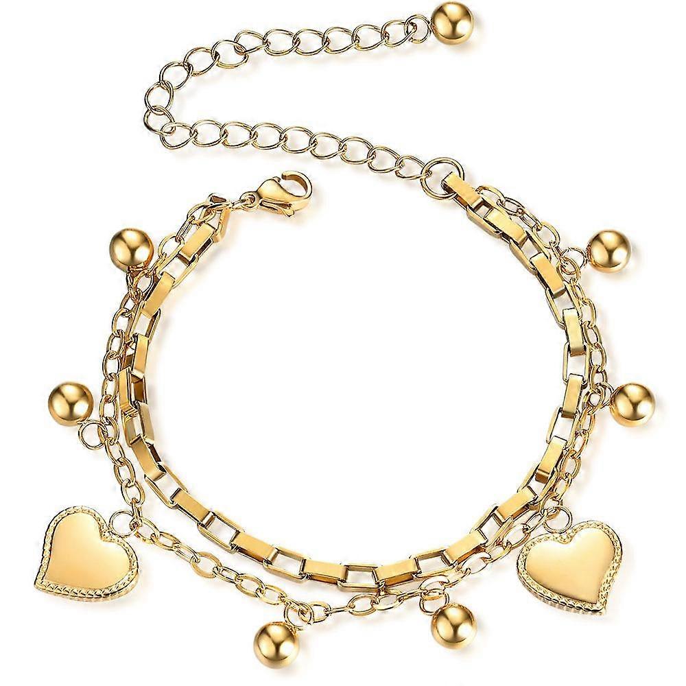 Titanium Steel Multi-Layer Bracelet Female with Hearts Round Beads Adjustable Bracelet