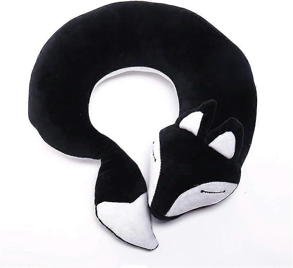 SQCLV Travel Pillows Men Planes Fox Animal U-Shaped Neck Pillow Plush Fur Warm Cartoon Comfortable Luggage Pillow for Airplanes Car Train (Black)