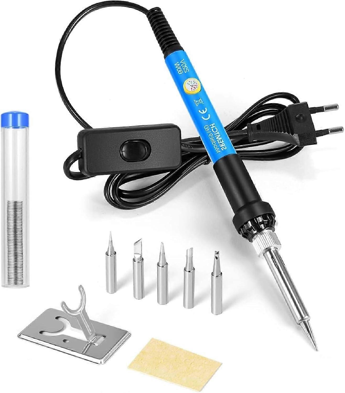 Precision soldering iron with stand and switch, adjustable temperature 200~450℃, 9 in 1 kit, 5 soldering iron tips, solder wire