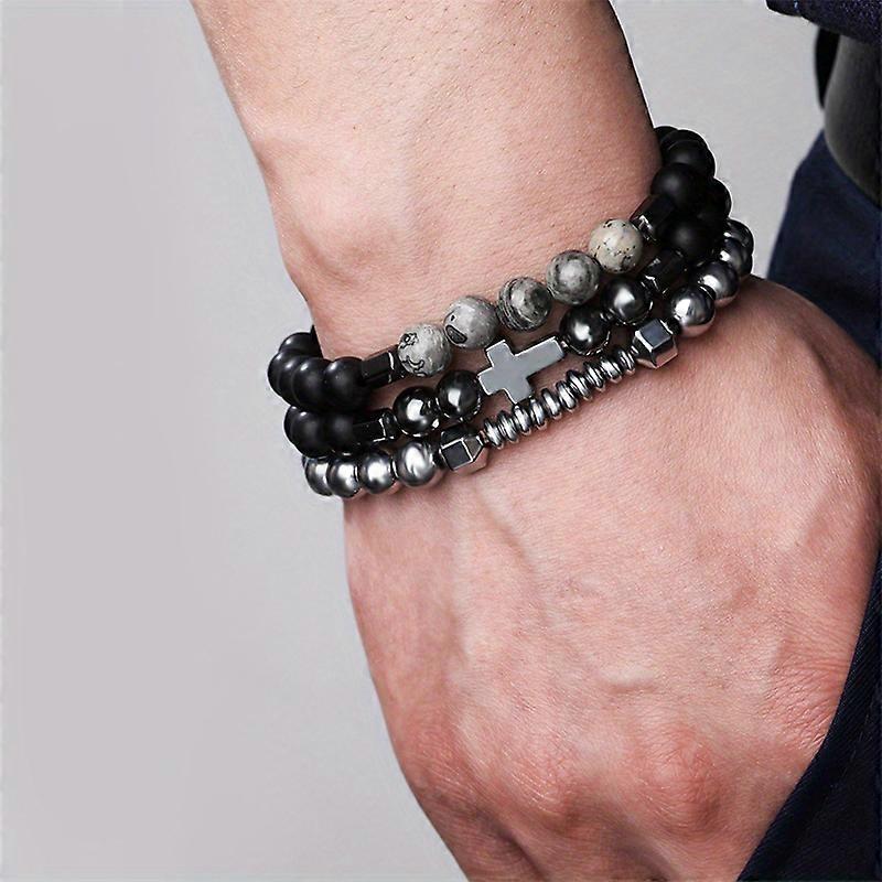 Flying Saucer Piece Cross Black Gallstone Vintage String Beaded Bracelet Set For Men Mapstone Stretch Rope Bracelet 1 Set Of 3