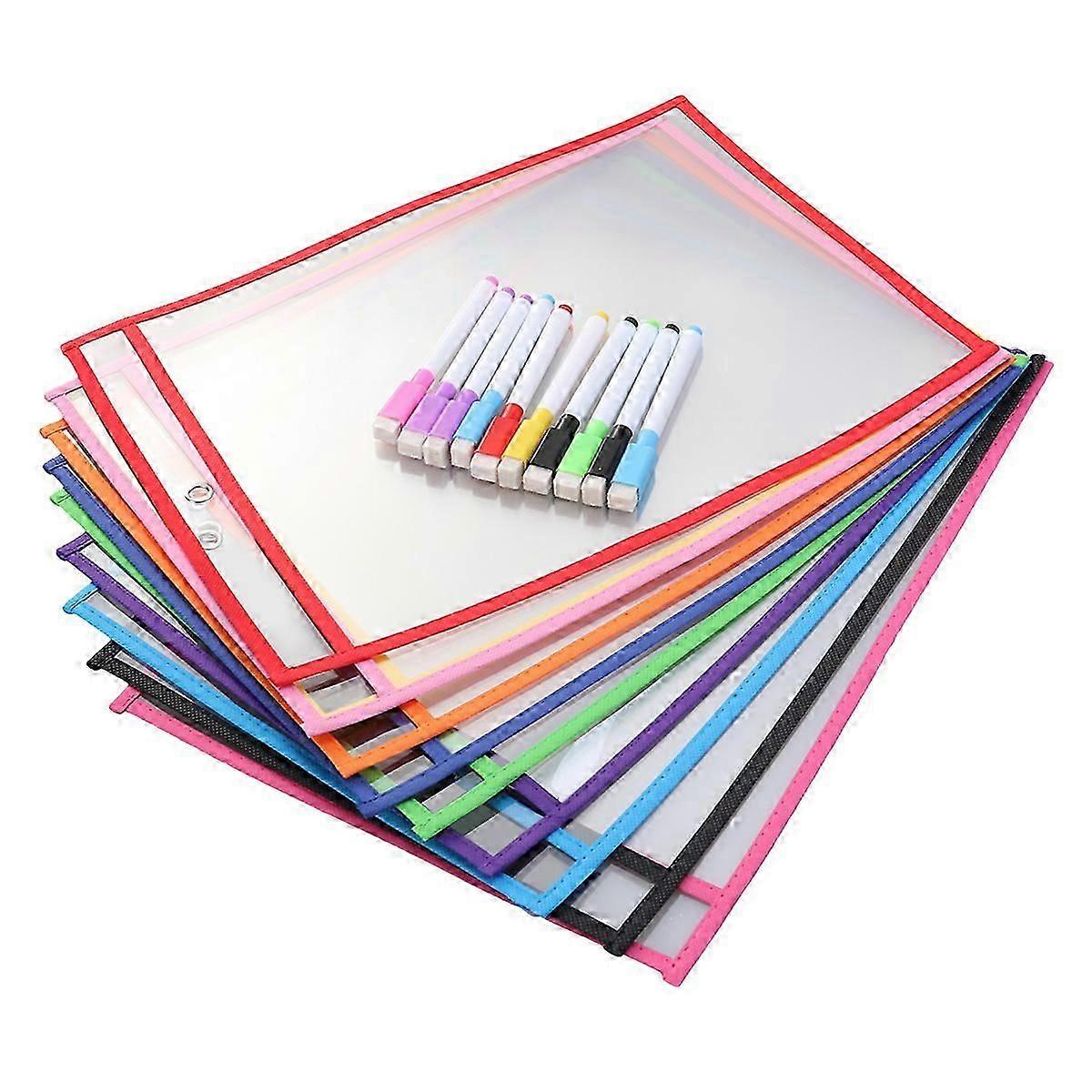 Lot de 10 sacs de rangement réutilisables pour fournitures de bureau, sacs de couture transparents en PVC, pochettes effaçables à sec réutilisables (10 sacs standard + 10 stylos)