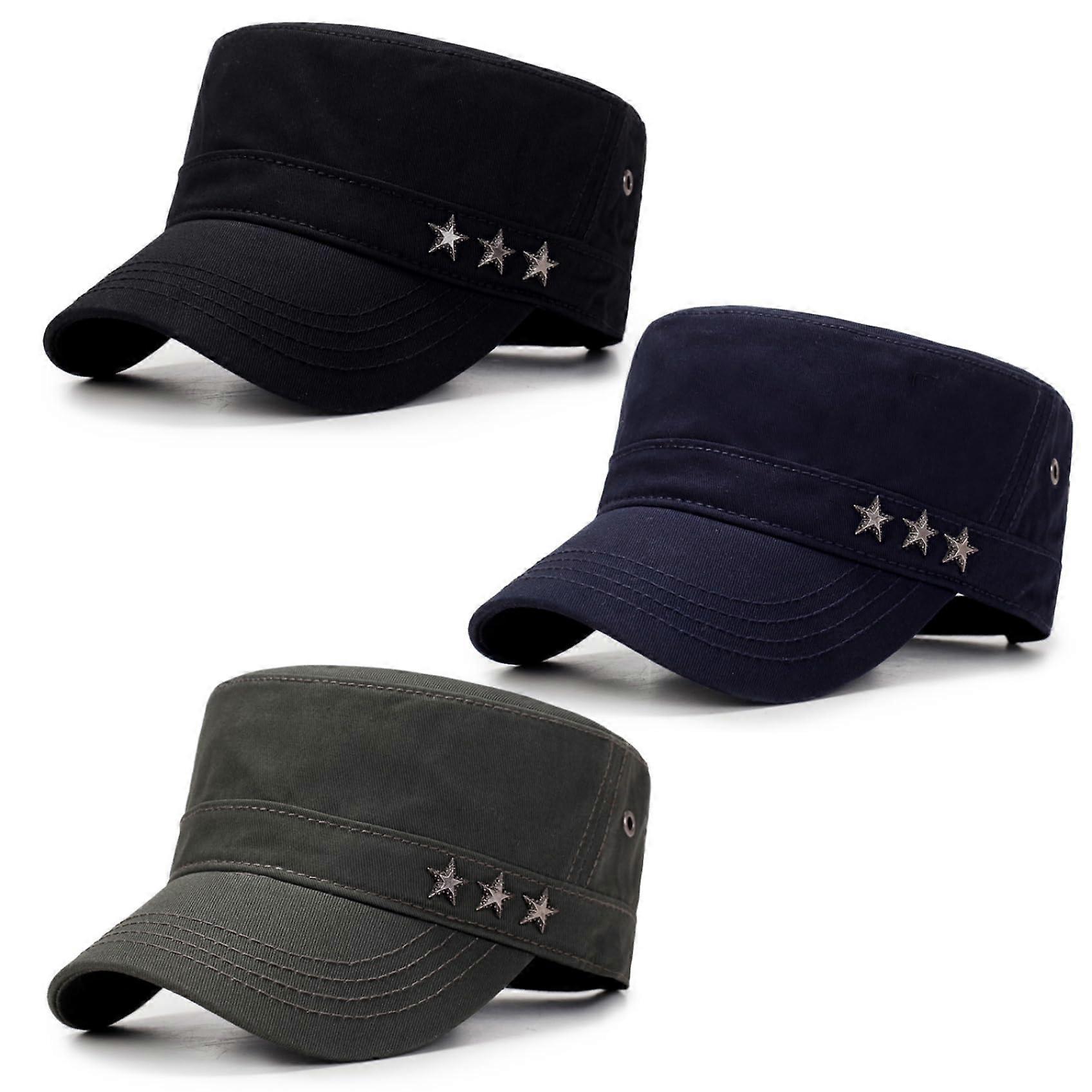 Army Hats for Men - 3 Pack Cadet Flat Caps with Short Brim and Star Design for Outdoor Sun Protection and Daily Wear