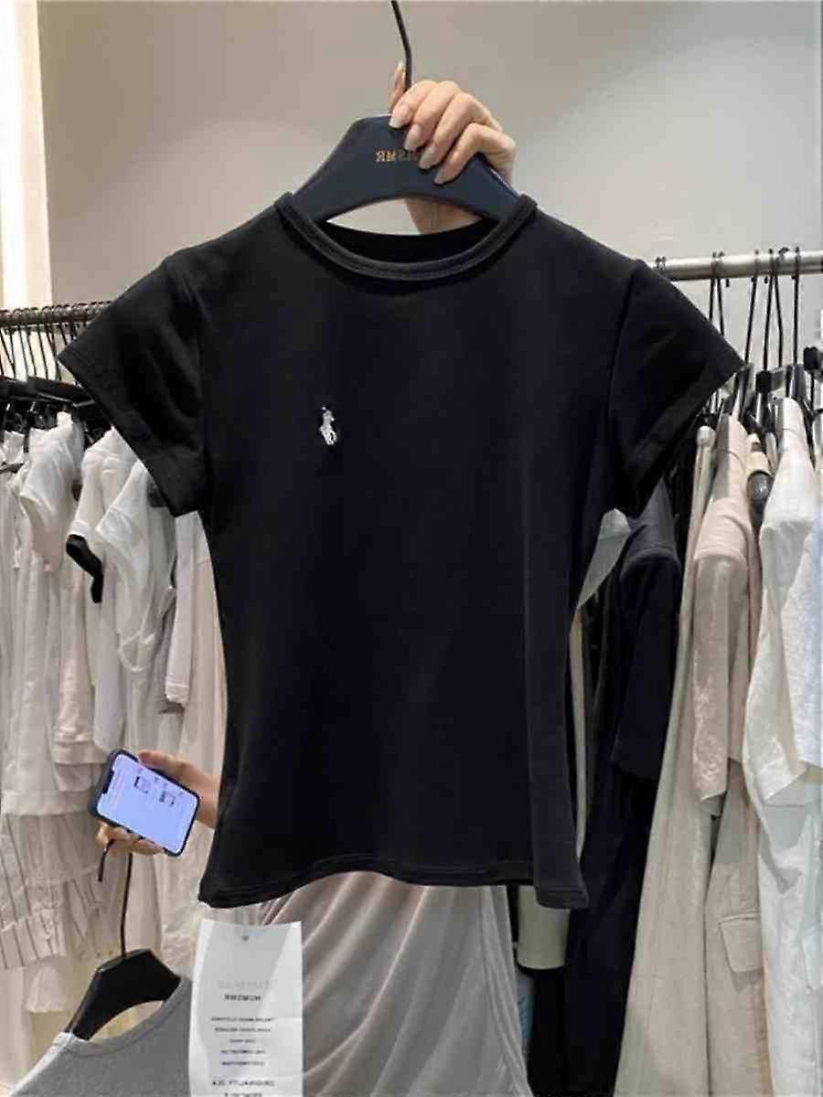 Oryginalna jakość Pony Haftowana koszulka z krótkim rękawem z przodu dla kobiet latem Szczupła krótka koszulka przylegająca do talii słodka i pikantna