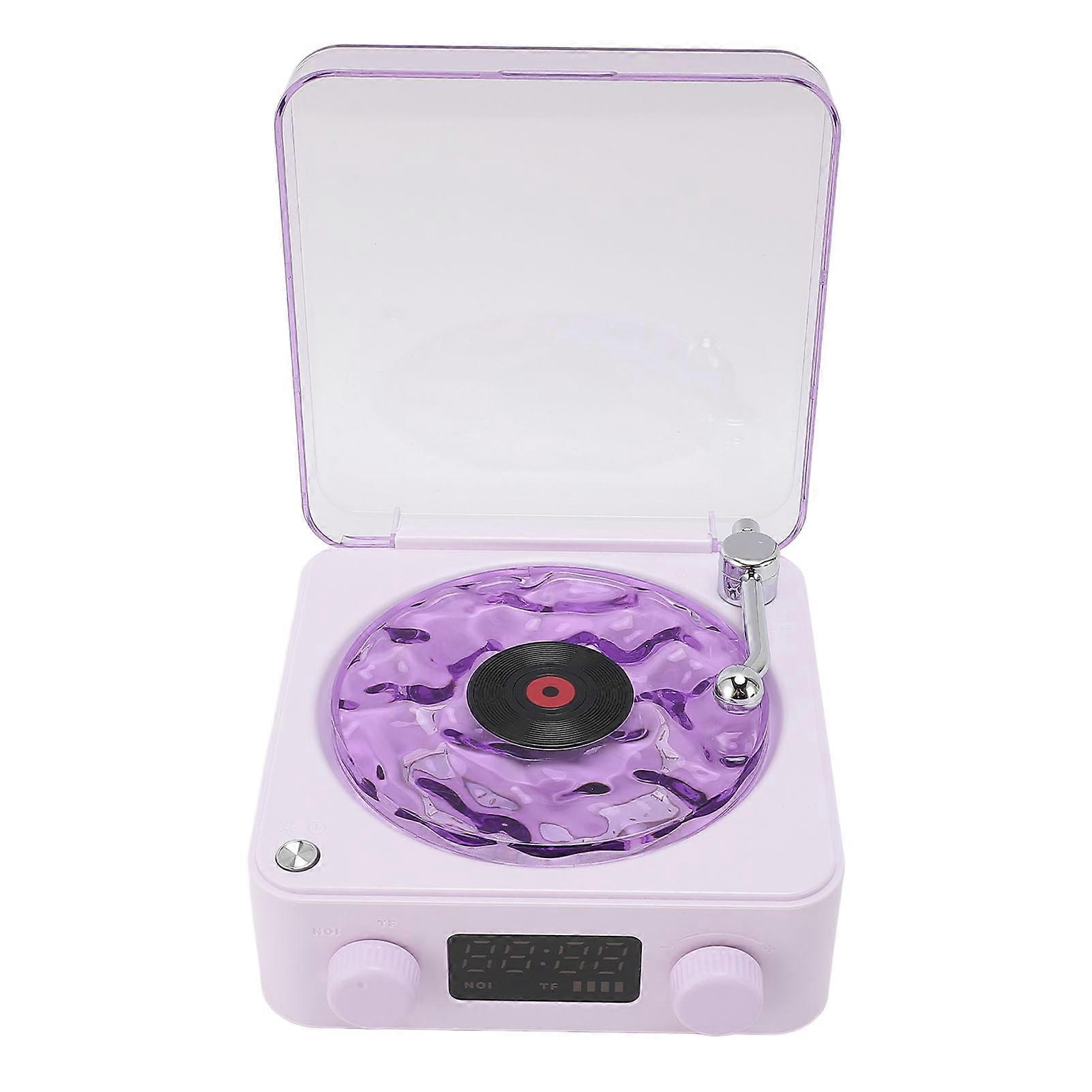 Record Player Style Speaker Wireless Vintage Speaker Small BT Speaker with Ambient Light Time Display For Bedrooms Living Rooms Offices Violet 