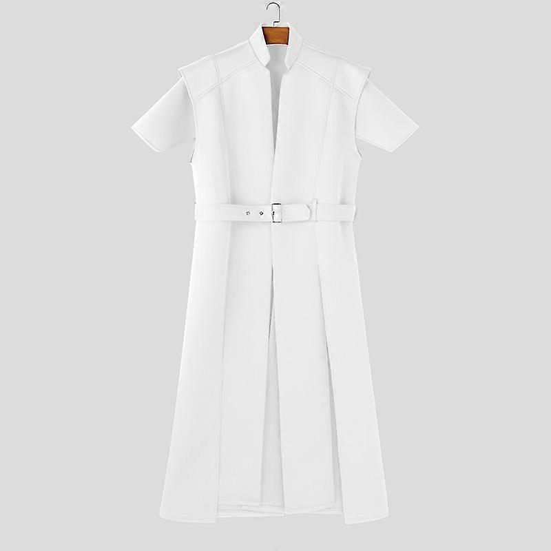 INCERUN Men Mockneck Sleeveless Belt Waist Splits Long Tank Tops Casual Tunic T-shirts