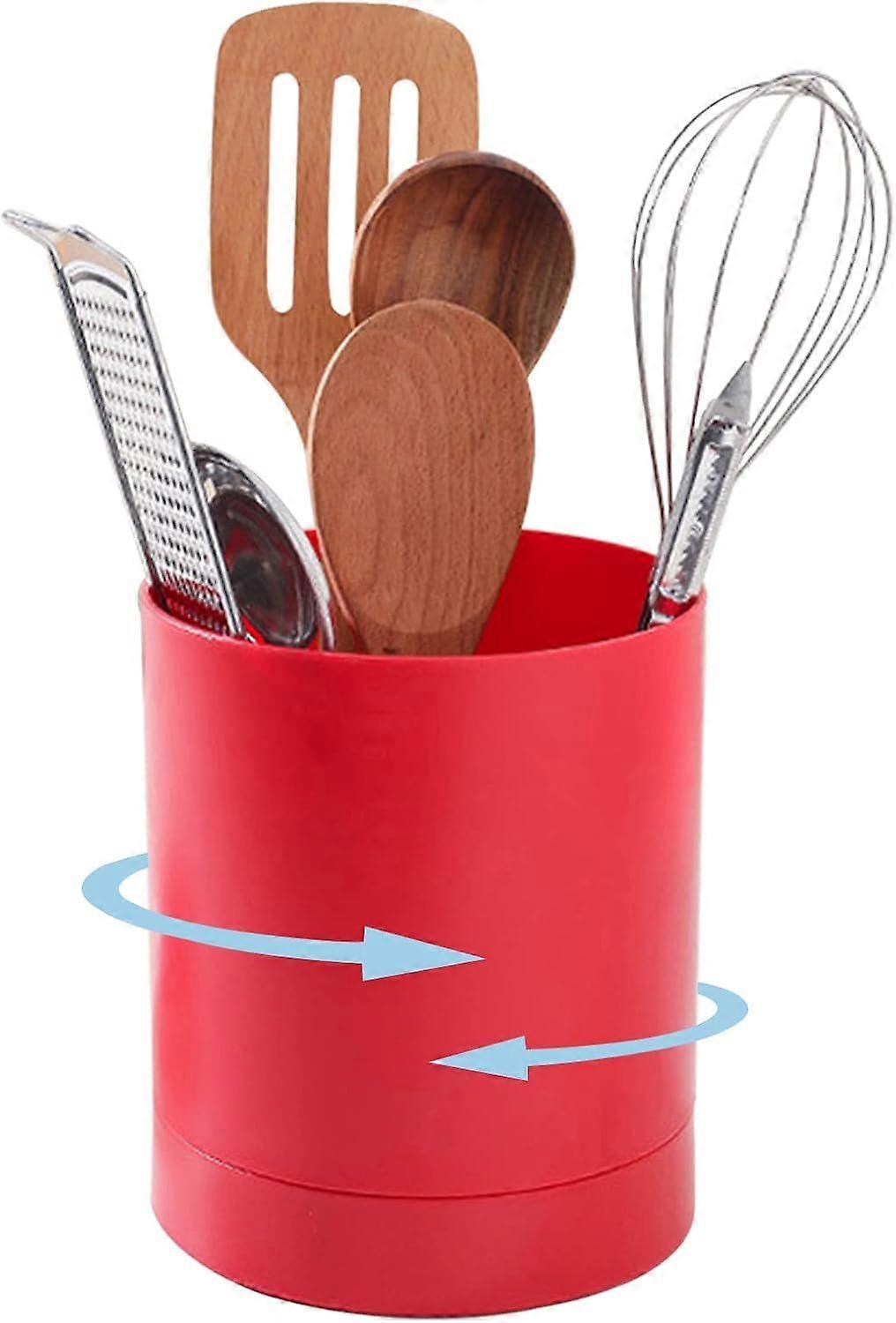 Rotating Utensil Holder, 360 Rotating Red Kitchen Utensils Holder 3 Compartment Countertop Utensil Organiser Utensil