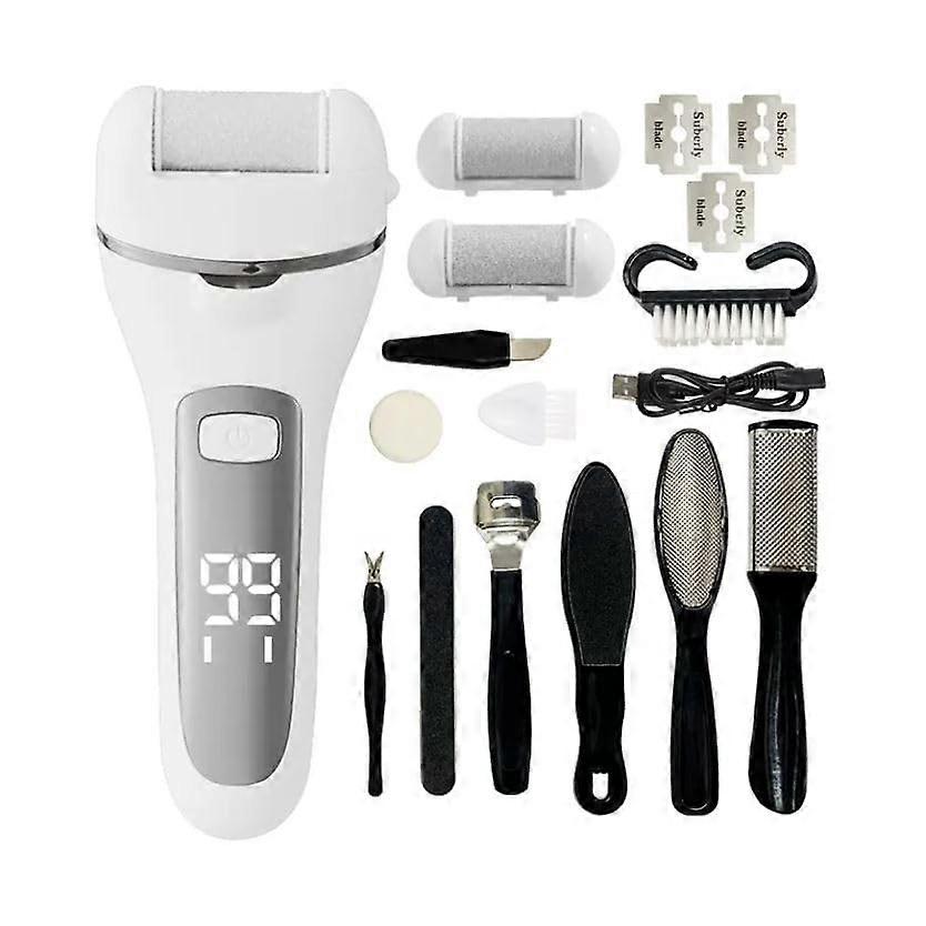 White Electric Foot File Callus Remover Set,, LCD Display, with Professional Pedicure Kit 9 Pieces Ref: 5687