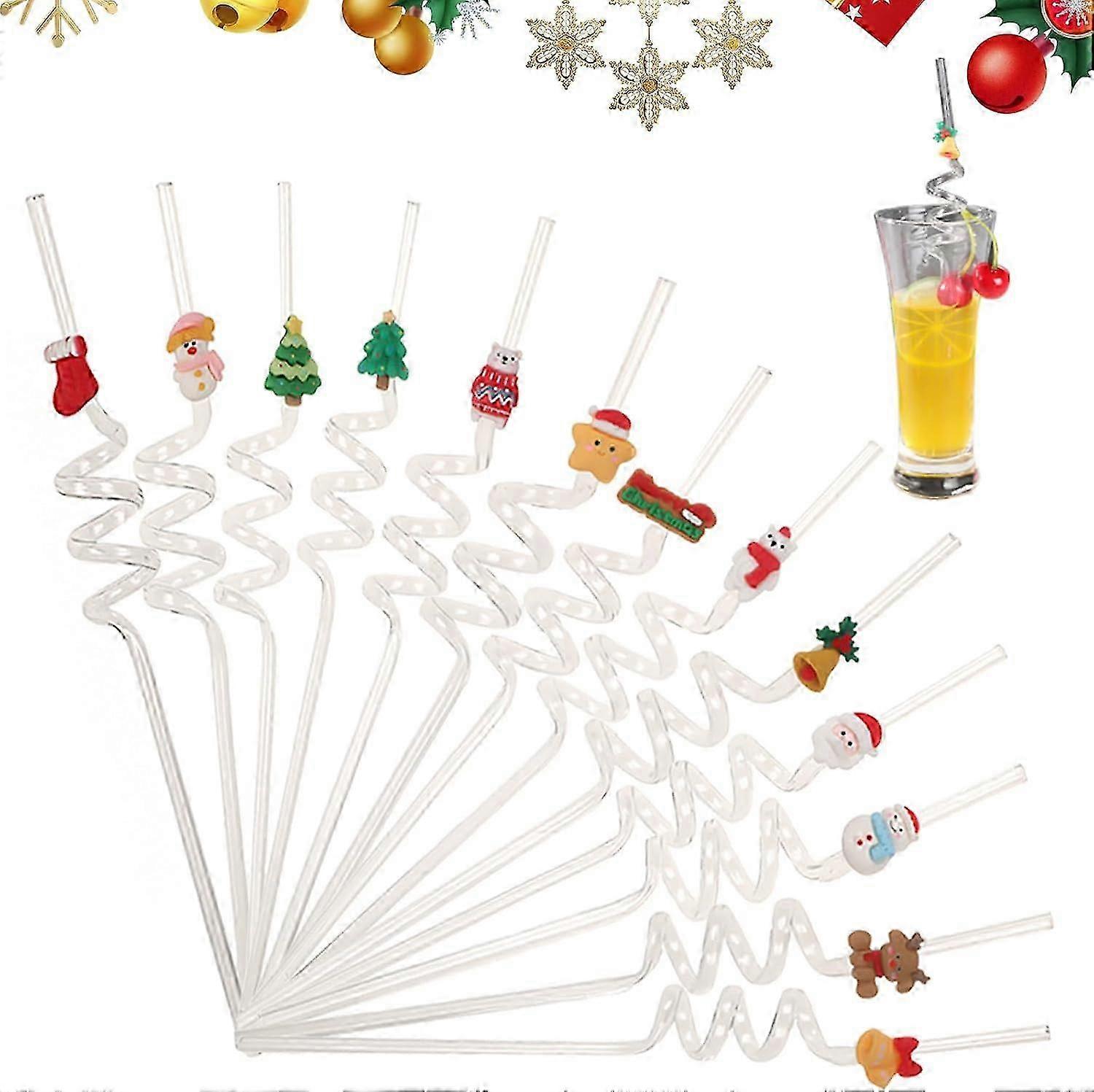 13pcs Christmas Drinking Straws Random Patterns Reusable