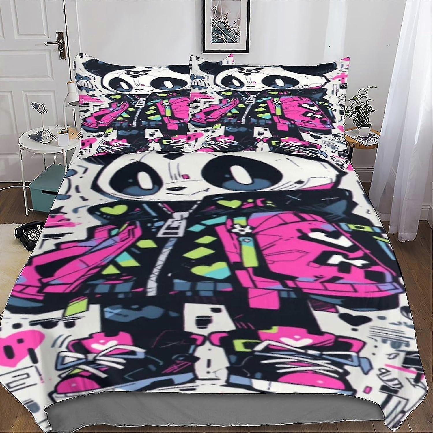 Cute Panda Printed Duvet Cover Set for Boys, 3 Piece Bedding Set with 2 Pillowcases