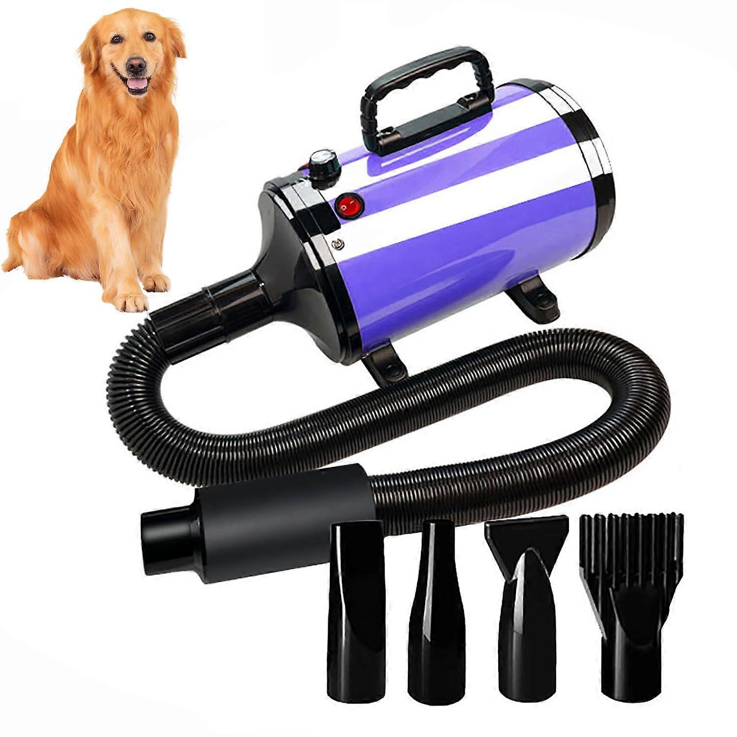 Professional Dog Grooming Dryer with Adjustable Temperature and Speed, Quiet Blowing Power, 4 Nozzles, Purple Color
