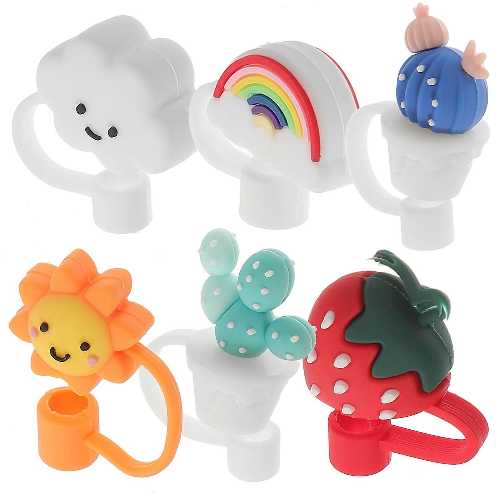 Bulk Straw Cover Caps For Drinking Reusable Silicone Cartoon Design Protective Dust-Proof 6Pcs