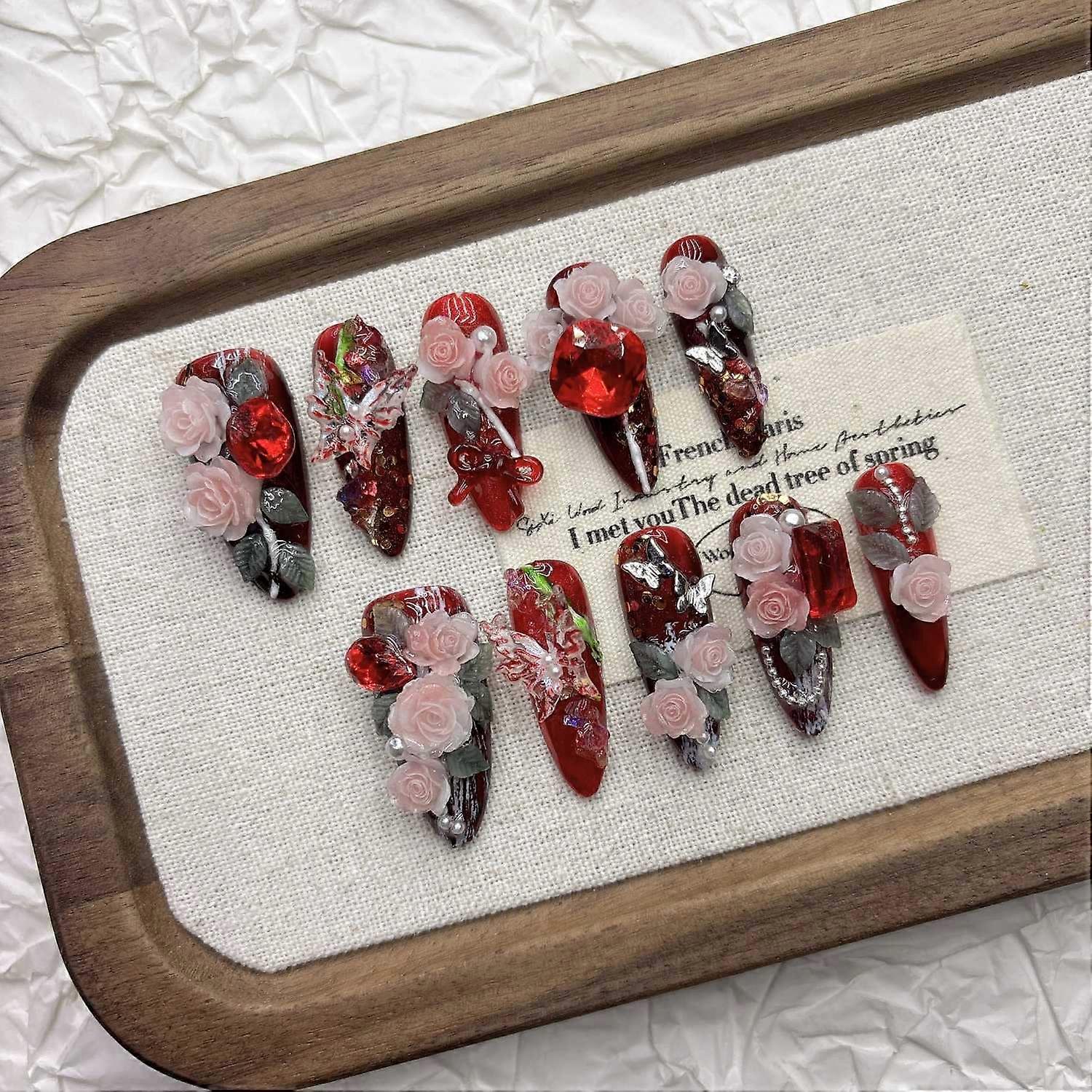 Gothic Press on Nails Red Butterfly Handmade False Nails