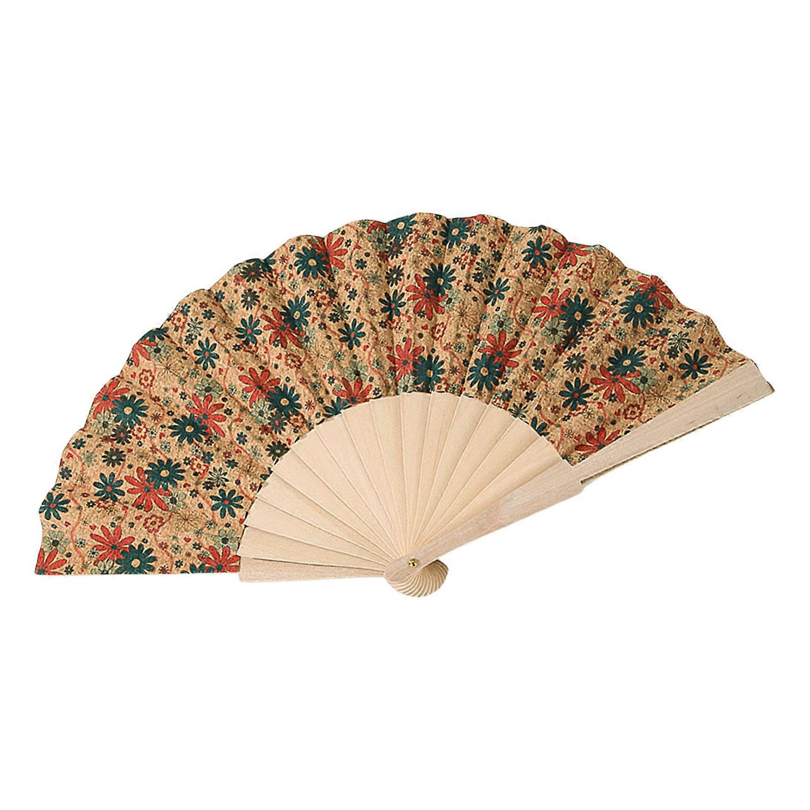 Handcrafts Wood Folding Fan Retro Checkered Pattern Handheld Fan Ethnic Decorative Accessories for Office and Home Multicolor