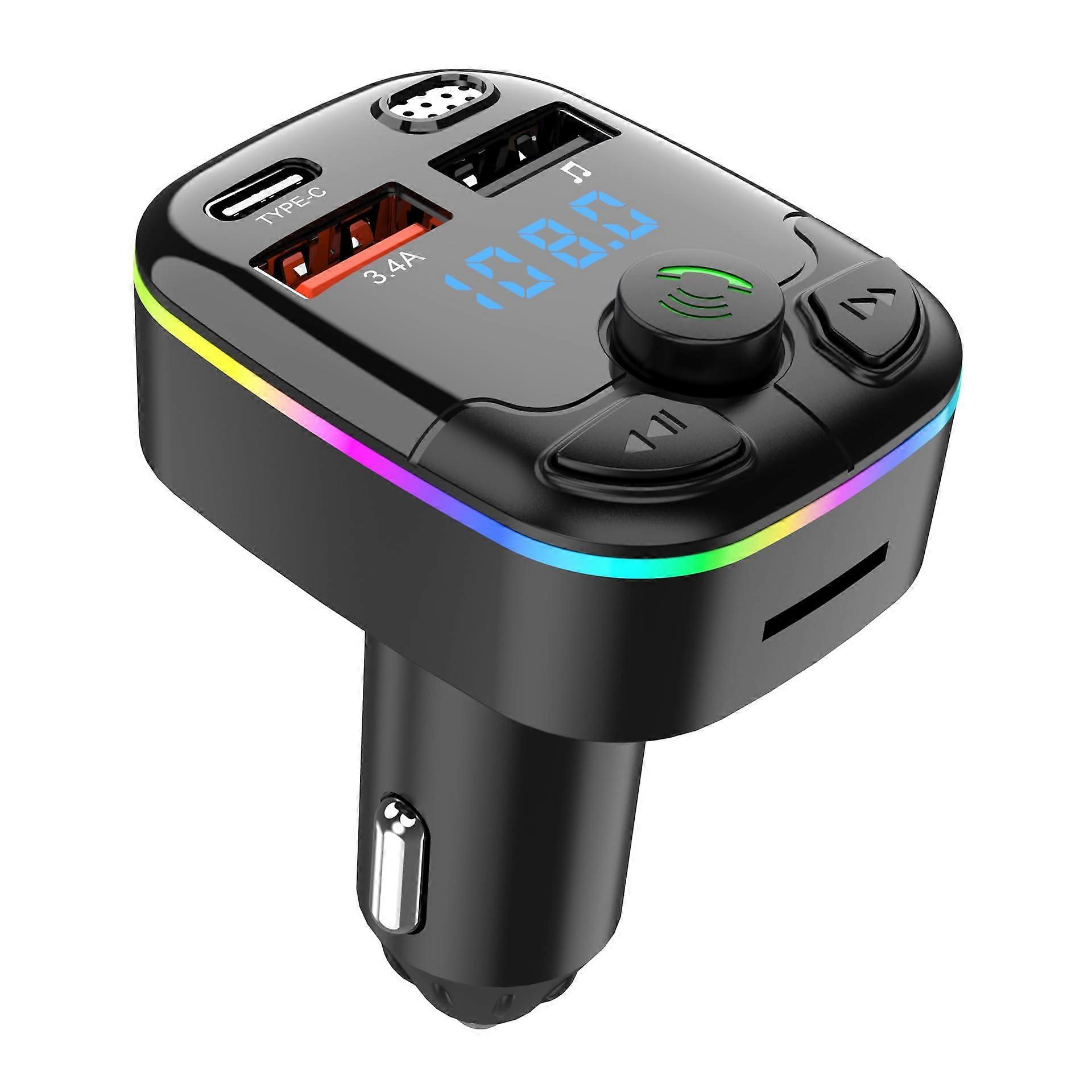 Bluetooth 5.0 Car FM Transmitter PD TypeC Dual USB Ambient Player MP3 Charger TypeC Wireless Light 18W Hands Kit PD QC3.0