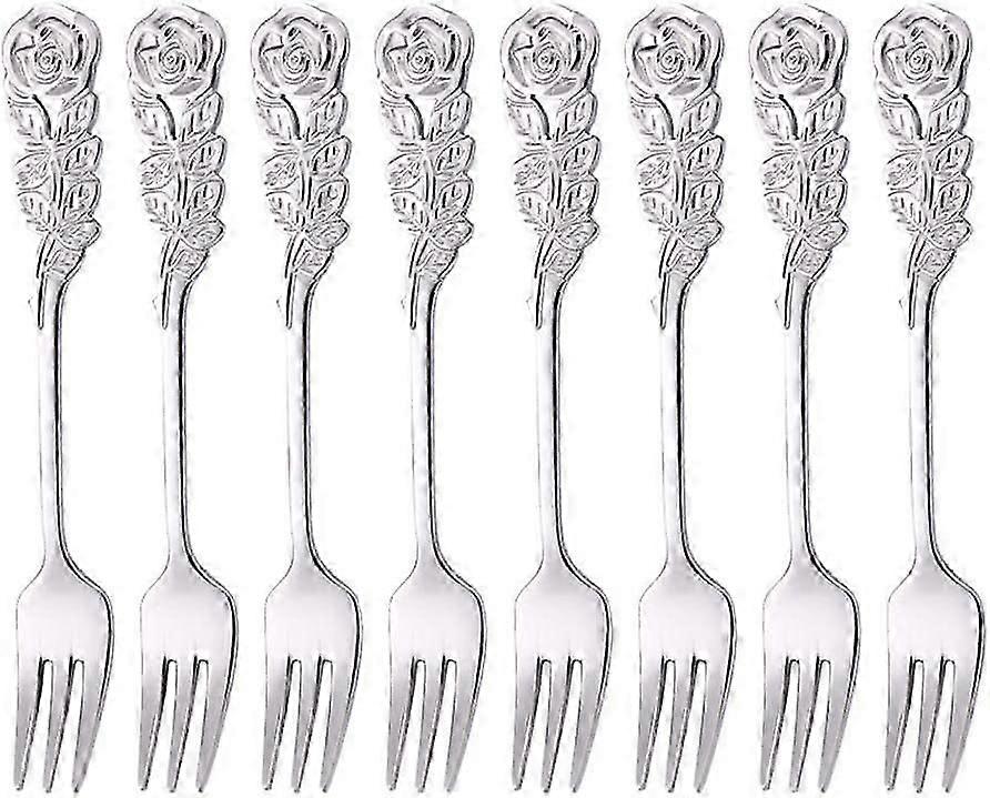 5 "شوكات حلوى صغيرة ، مقبض وردة من الفولاذ المقاوم للصدأ 8 قطع فضي