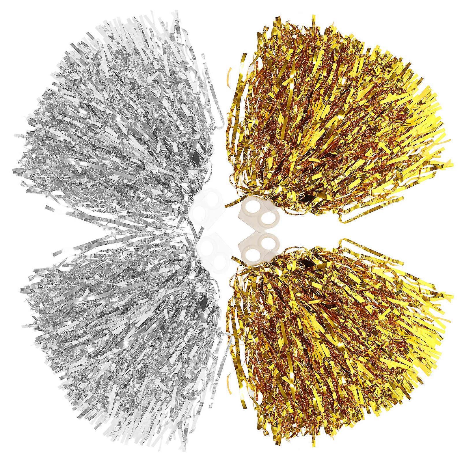 4pcs Gold Metallic Foil Cheerleading Pom Poms with Rings Party Cheering Props, Arts and Crafts Decor, Golden Ball for Sports Events, Squad Spirit