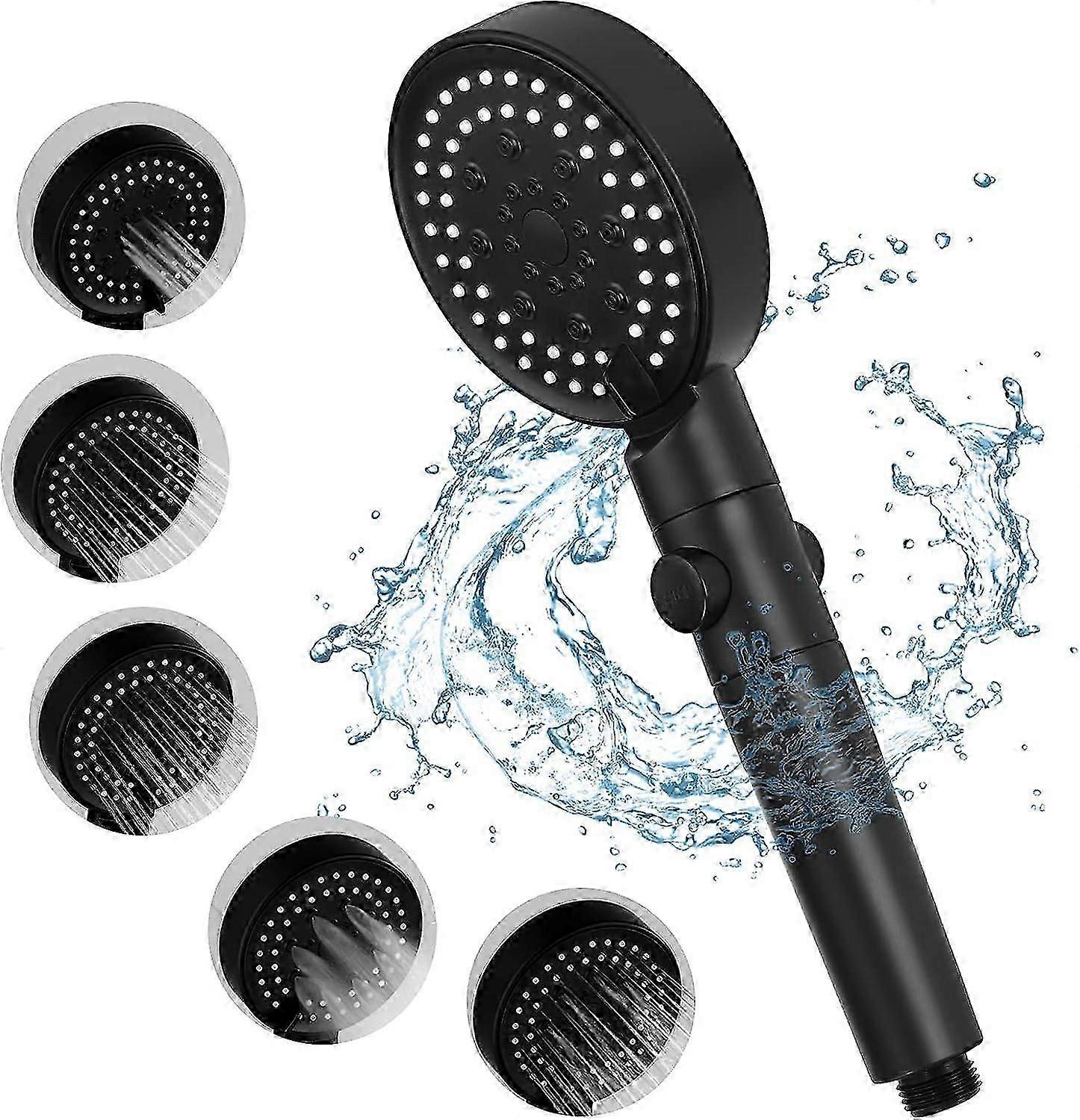 Shower head, high pressure shower head with 5 modes with pause switch on/stop - Black
