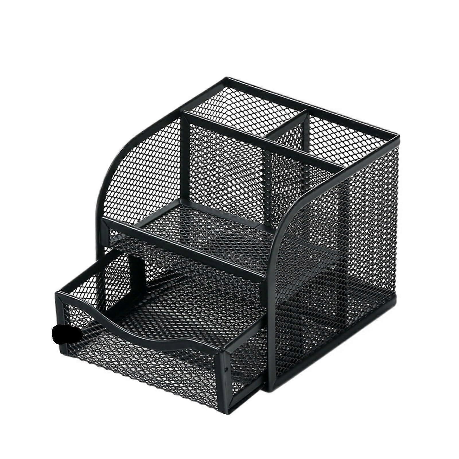 Multifunctional Mesh Pen Holder with 4/6 Compartments and Drawer, Black Pencil Desk Organizer for School and Home