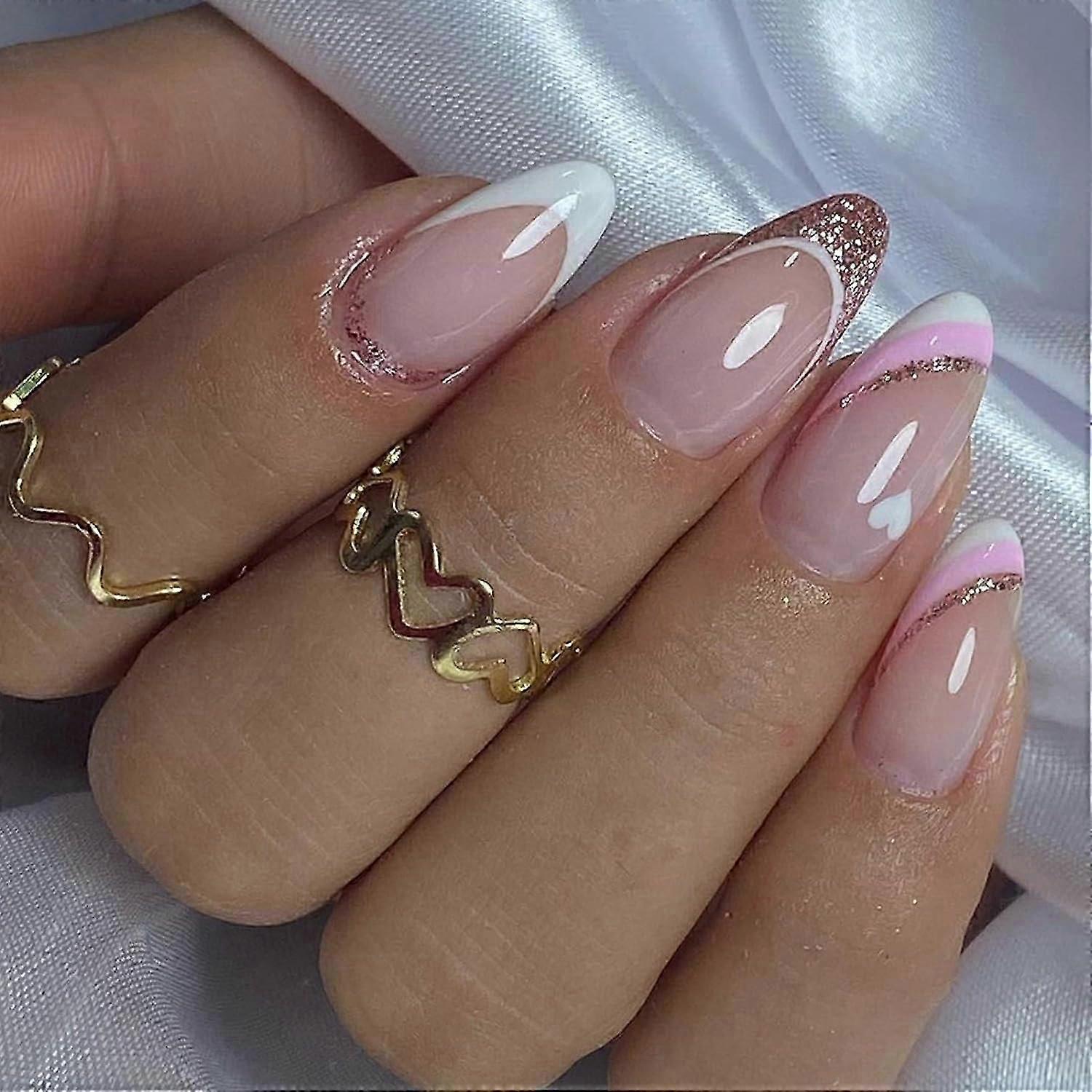 Unbrand 24Pcs Amande Faux Ongles Court Presse Française sur les ongles avec des rayures blanches ros