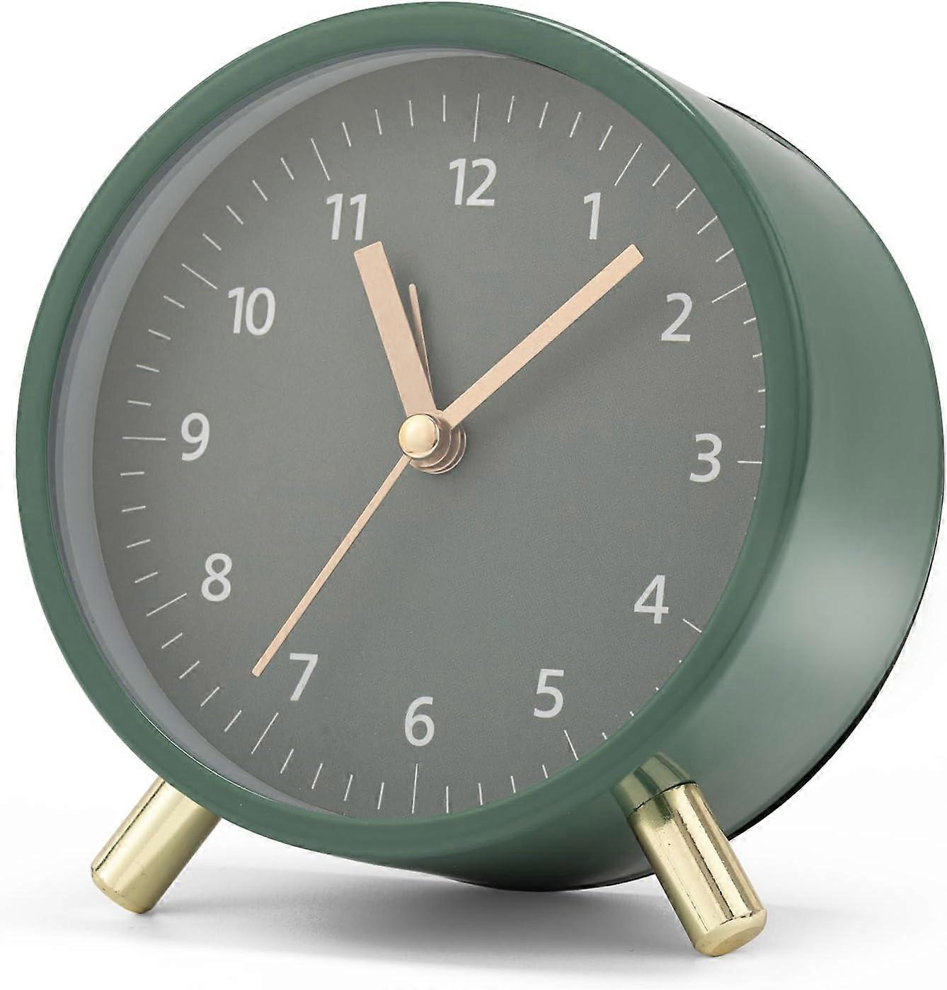 Non-Ticking Analog Alarm Clock, Metal Alarm Clock With Night Light, Silent Alarm Clock (Green)