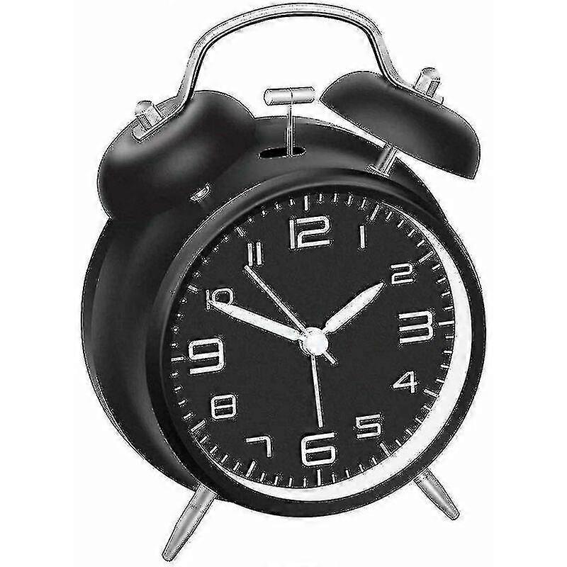 Silent Twin Bell Analog Alarm Clock with Night Light, 4 Inch Dial, Battery Powered, No Ticking, Quartz Movement for Bedroom (Black)