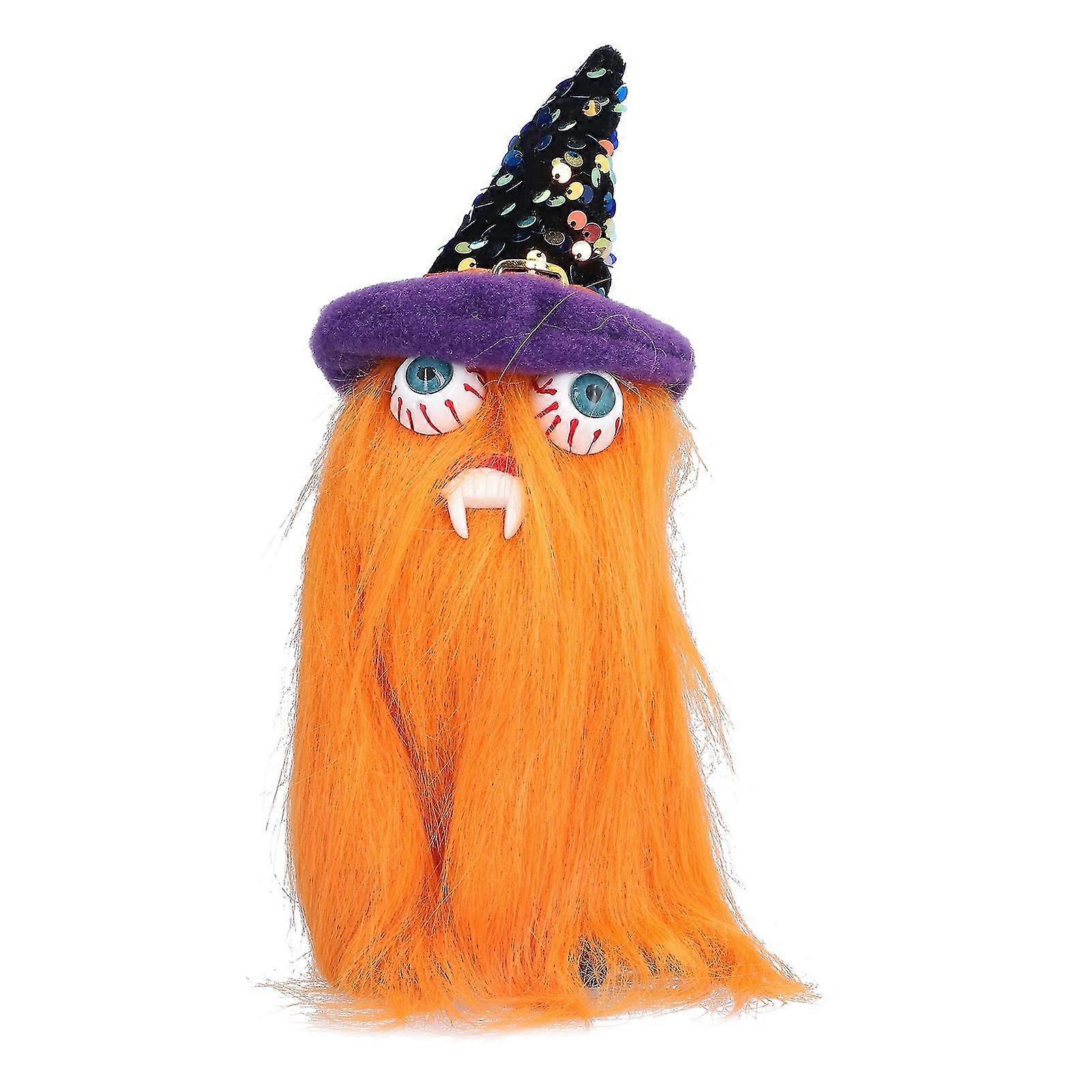 Oranžový plyšový halloweenský trpaslík s čarodějnickým kloboukem a upířími zuby
