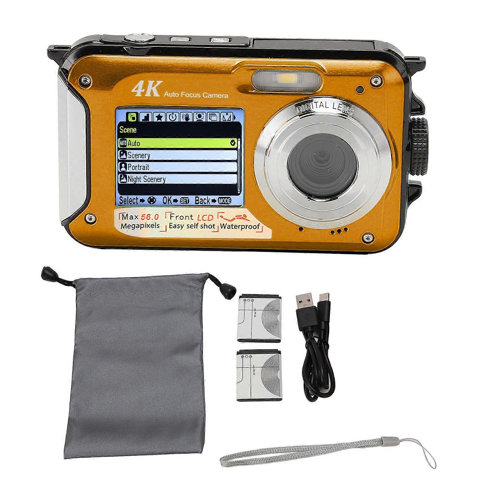 4K 56MP Camera Dual Screen 10ft Waterproof 16X Digital Zoom Auto Focus 64G Memory Card HD Underwear Camera Yellow