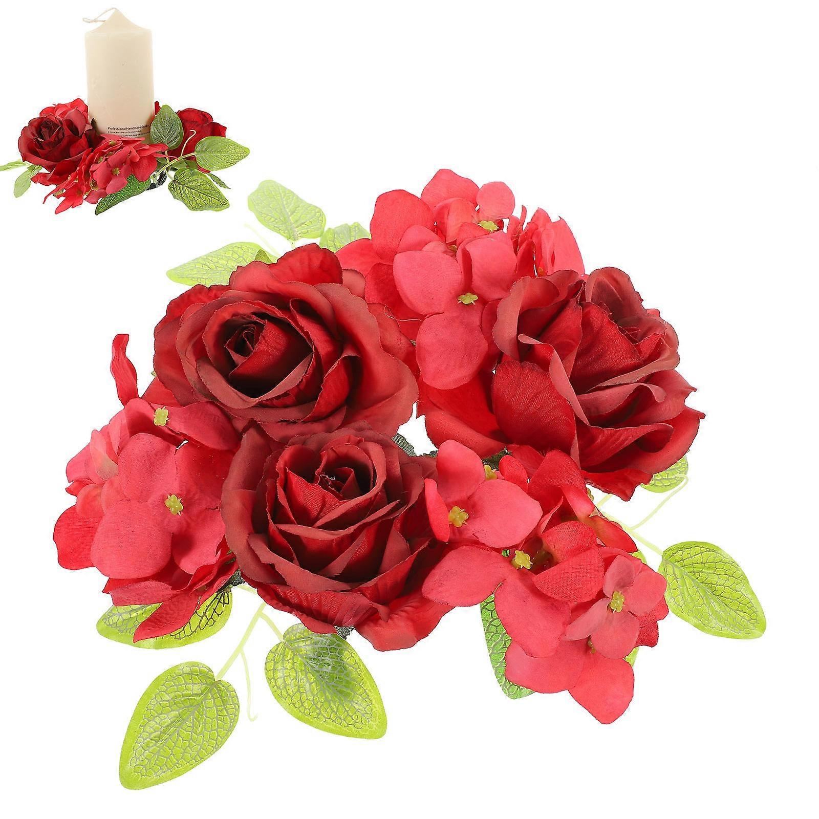 Red Candle Rings Simulation Rose Hydrangea Candle Wreath for Decoration