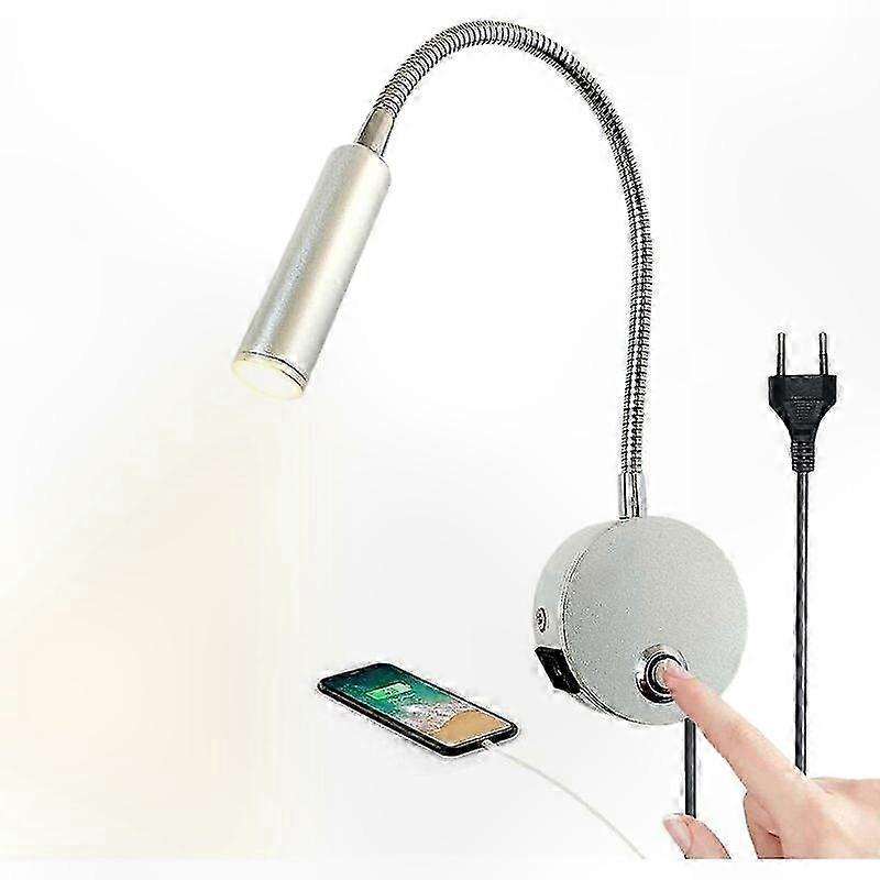 Dimmable Touch Wall Reading Light, Flexible Gooseneck LED Headboard Lamp with USB Port, 3W Bedside Light