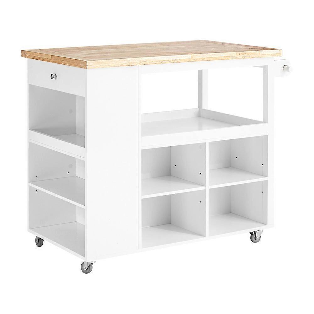SoBuy FKW97-WN,Freestanding Kitchen Island with Wood Top and Drawers Kitchen Utility Trolley with Wheels Mobile Serving Cart with Side Shelf