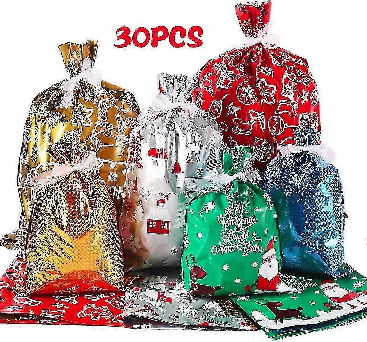 30 قطعة أكياس هدايا رقائق عيد الميلاد مع روابط الشريط ، أكياس التغليف أكياس مايلر قوديي أكياس لعيد الميلاد يقدم لصالح الحفلة (كبير متوسط صغير) أزرق ، أخضر