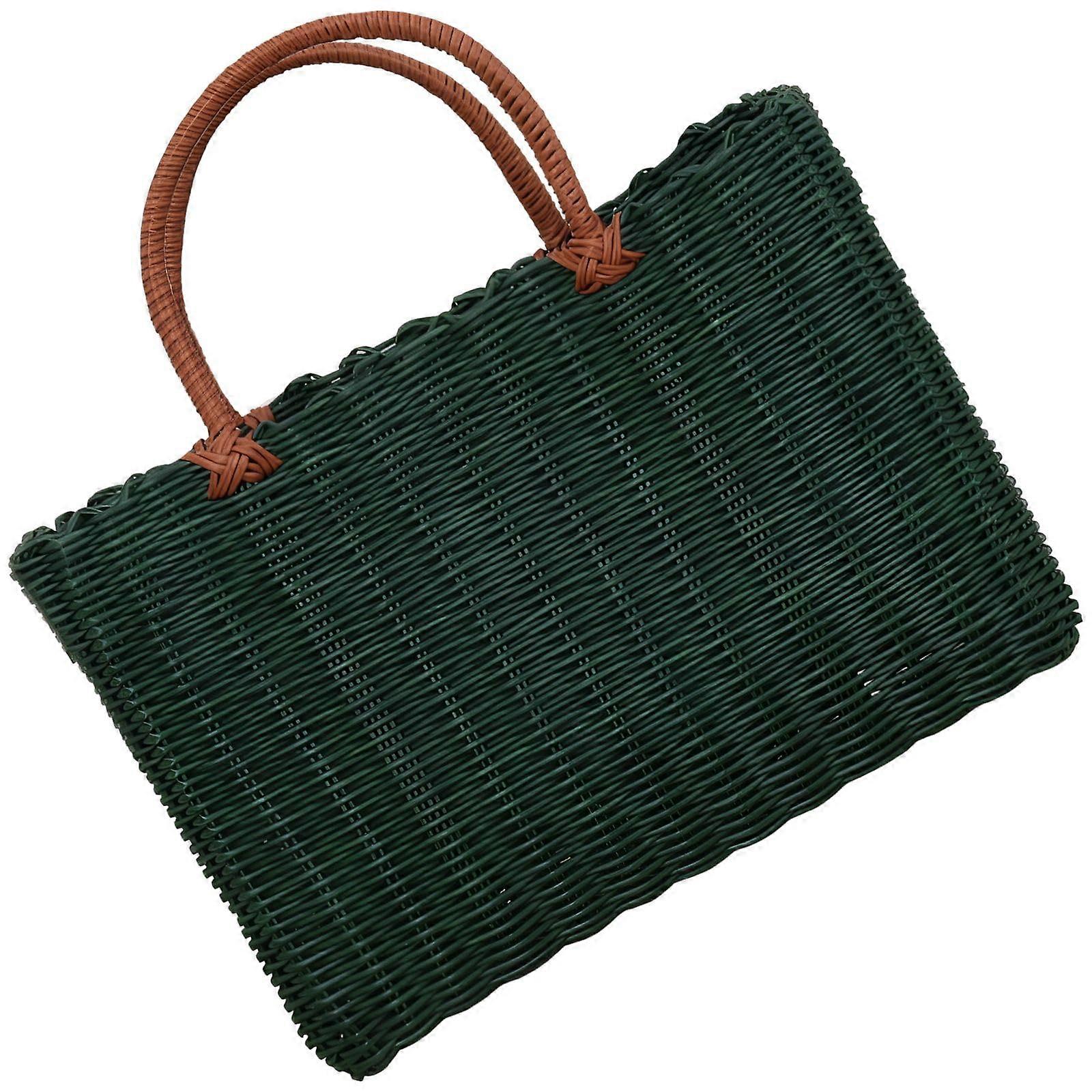 Grocery and Picnic Woven Basket with Sturdy Handle, Durable PVC Construction, Dark Green
