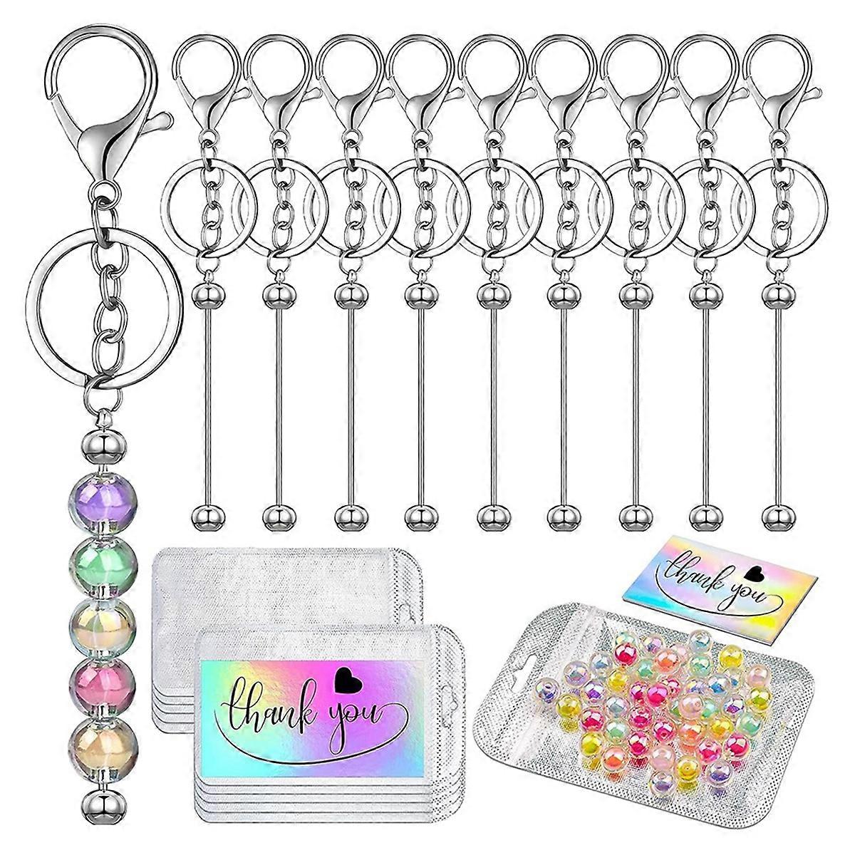 30 Pcs Beadable Keychains Set,10 Beads Blank Keychain10 Sealable Pouches 10 Thank You Cards with 50 Decorative Beads