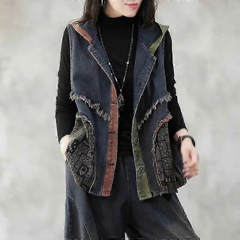 Women's Hooded Vest, Distressed Denim with Front Pockets and Zipper