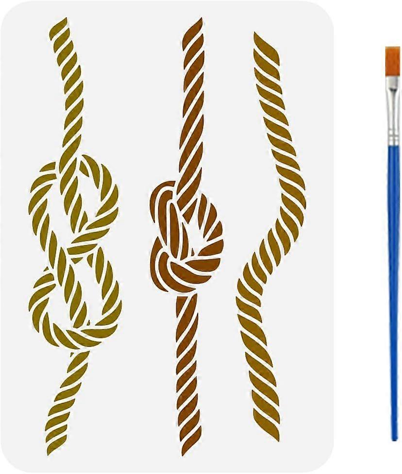 Rope Border Stencil with Brush 8.3x11.7inch Reusable Rope Patterns Template Plastic PET Knot Stencil Hollowed Summer Theme Template for Painting on Wo