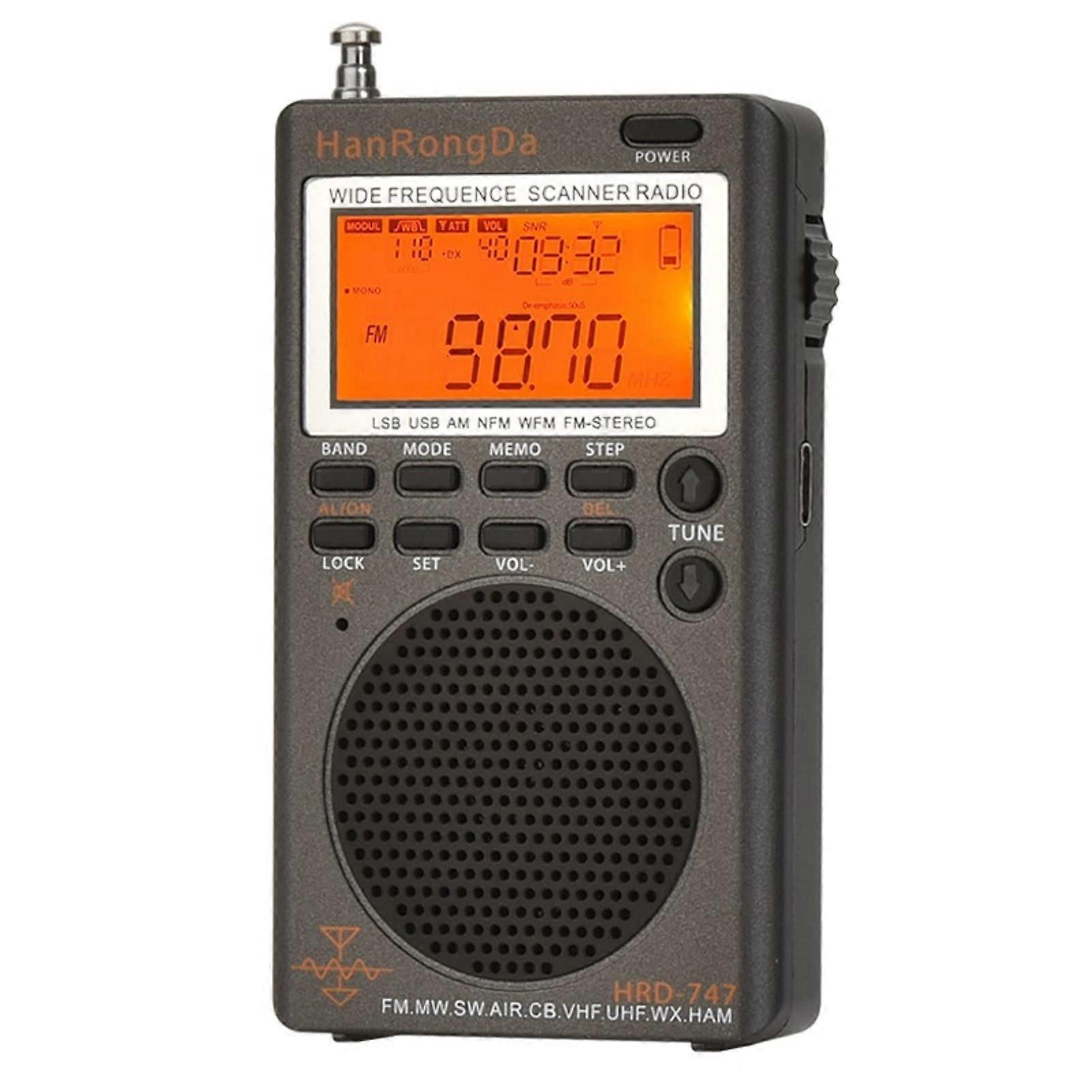 HRD747 Shortwave SSB Radio FM/MW/SW/CB, VHF/UHF, NOAA Alert, Sleep Timer, Rechargeable Digital Clock, 9.7 Ft Antenna