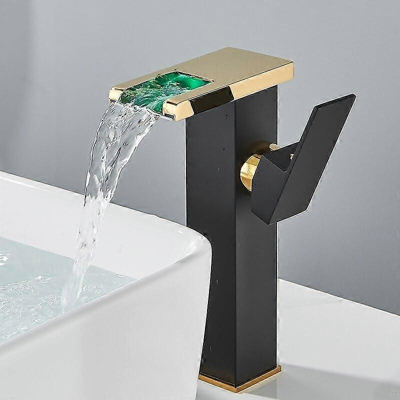 Black Gold LED Waterfall Bathroom Faucet with Color Changing Basin Tap and Solid Brass Mixer
