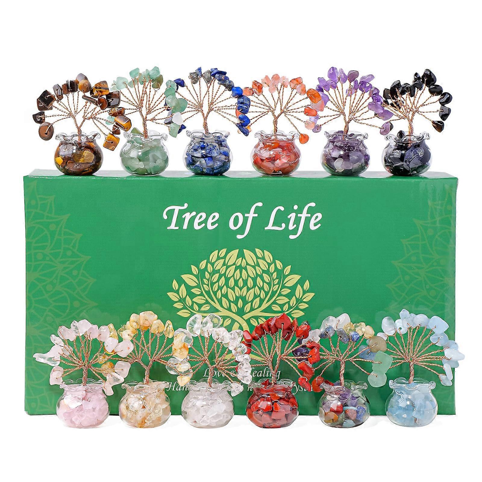 12pcs Crystal Tree Set with Glass Base, Chakra Gemstone Trees for Energy Balancing and Home Decor