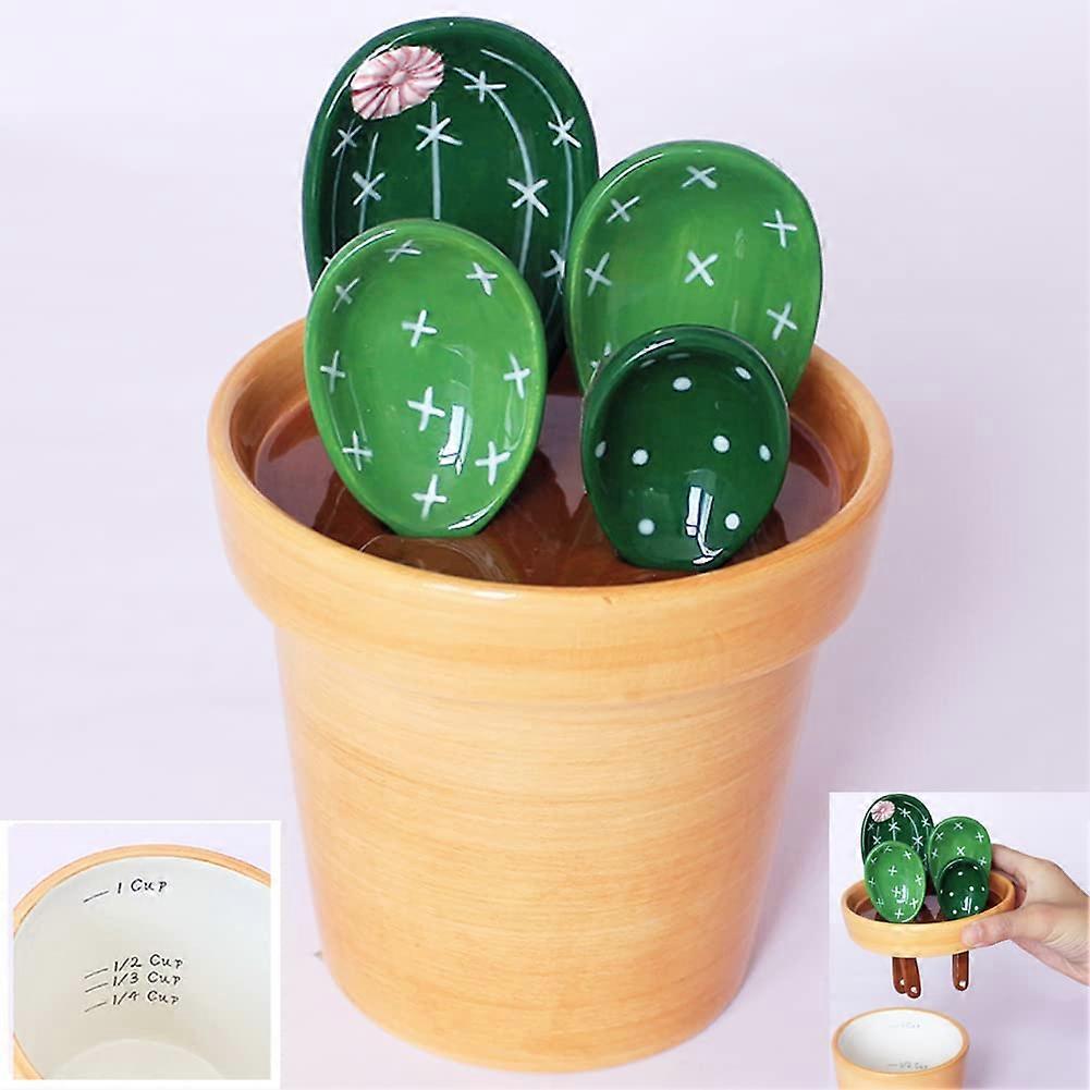 Ceramic Cactus Measuring Spoons Set with Cute Cups for Baking, Dishwasher Safe, Green