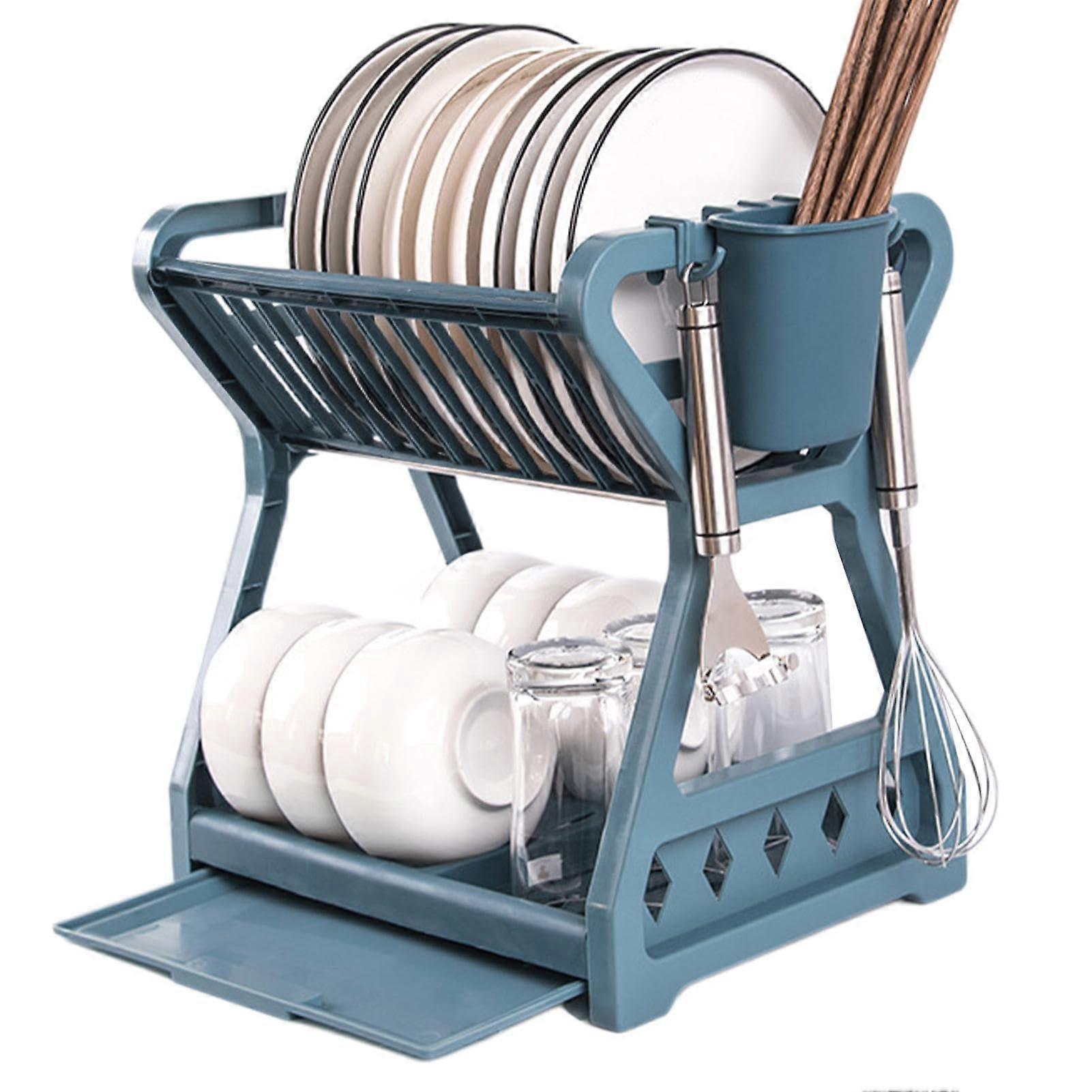2Tier Dish Drying Rack with Removable Drip Tray, Sturdy Double Layer Kitchen Dish Drainer Blue
