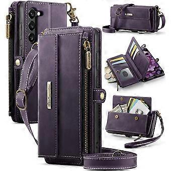 Étui portefeuille CaseMe pour Samsung Galaxy S23 5G – Étui à rabat en cuir PU avec protection RFID, support intégré, dragonne, fermeture éclair et emplacements pour cartes, violet