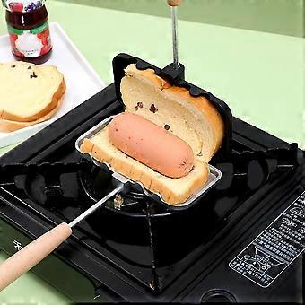Utendørs Camping Sandwich Pan med Langt Trehåndtak Aluminiumslegering Single Pie Pan Matlaging Bærbar Leirbål Sandwich Maker Camping Kokekar Leirbål Co