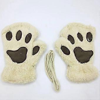 Winter Women's Half Finger Plush Warm Cat's Claw Gloves (Beige) 1 Pair