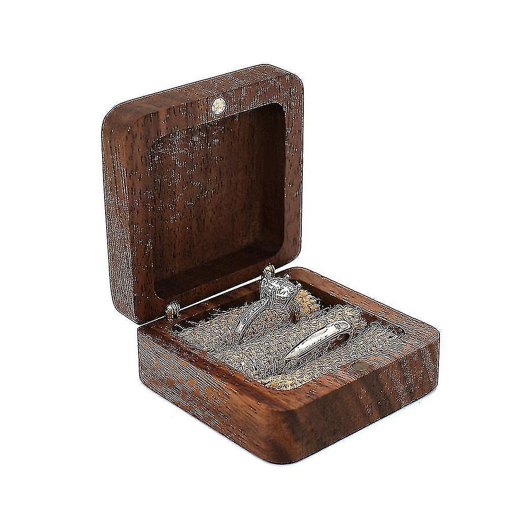 السيد السيدة براون خاتم الزفاف مربع مع المغناطيسي الرجعية الخشب خاتم حامل ريفي خشبي