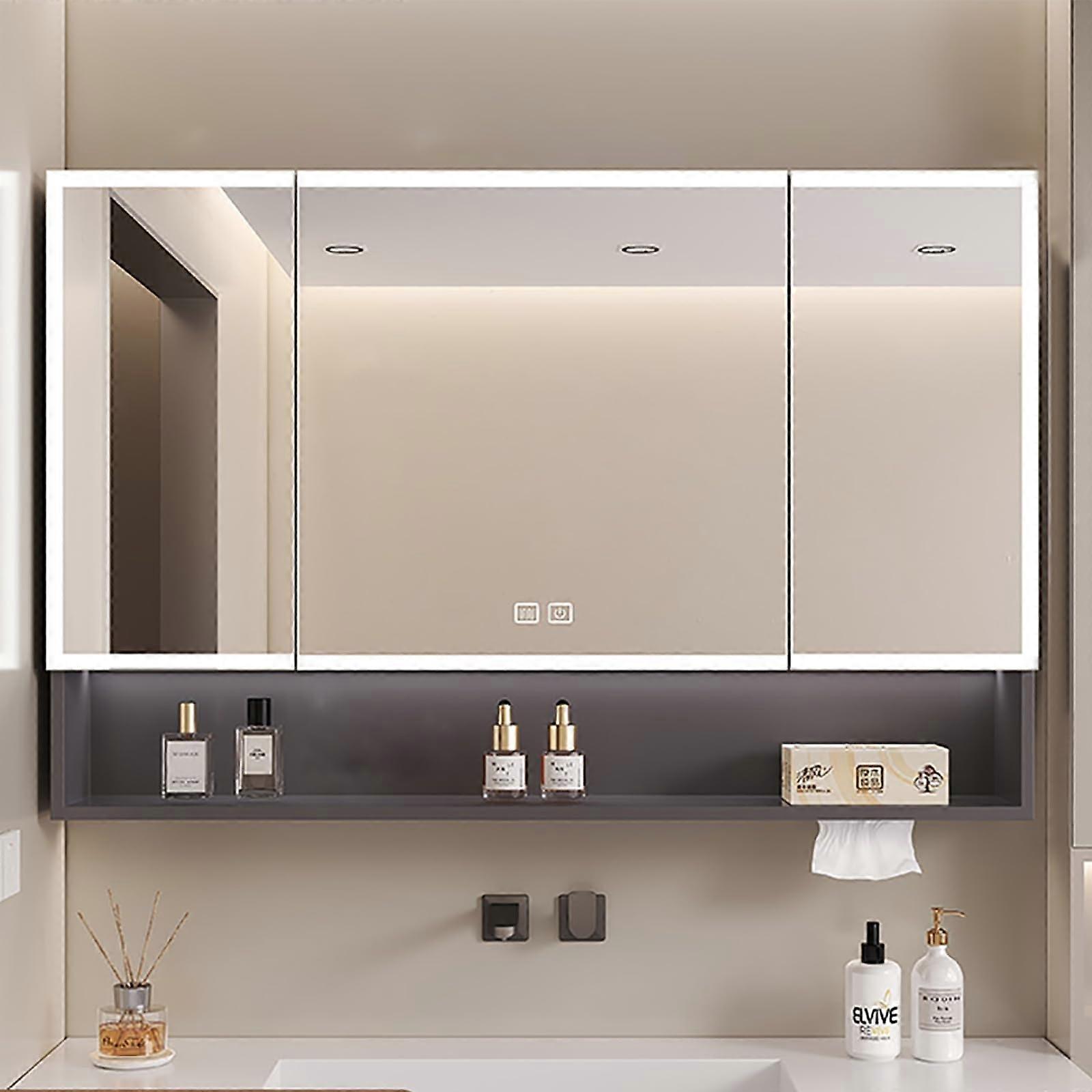LED Bathroom Mirror with Storage and Defog Function, Dimmable Lighted Smart Vanity Mirror, Rectangular Grey 90x70x13cm