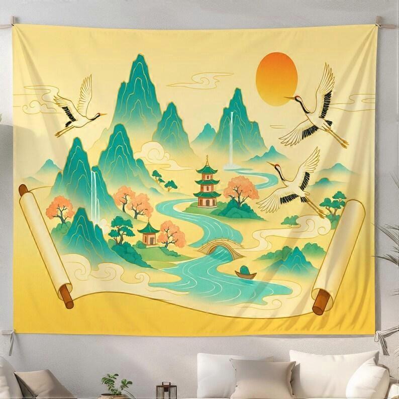 Golden Oriental Scroll Tapestry