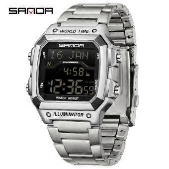 SANDA 2173 Digitaluhr mit Weltzeitfunktion, Azan-Funktion, Stahlarmband, wasserdicht, multifunktional, Gebetszeit-Erinnerungsfunktion.