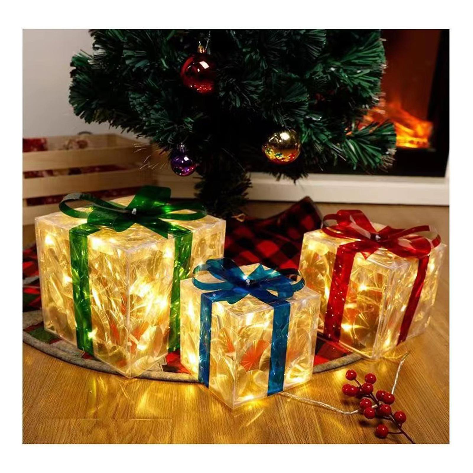 Xmas Set Of 3 Christmas Glowing Gift Box Ornaments With Bow Under The Tree Package For Yard And Home Ornament Decor