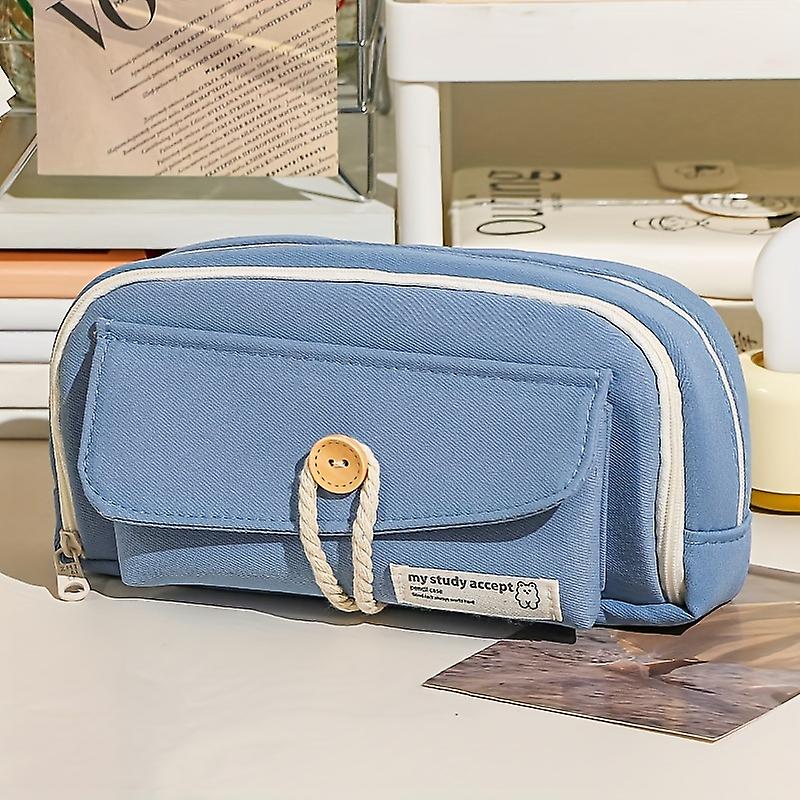 Button Cotton Rope Cute Pencil Case Large Opening And Large Capacity Canvas Stationery Bag Student Learning Supplies Storage Bag Pencil Case Female Di