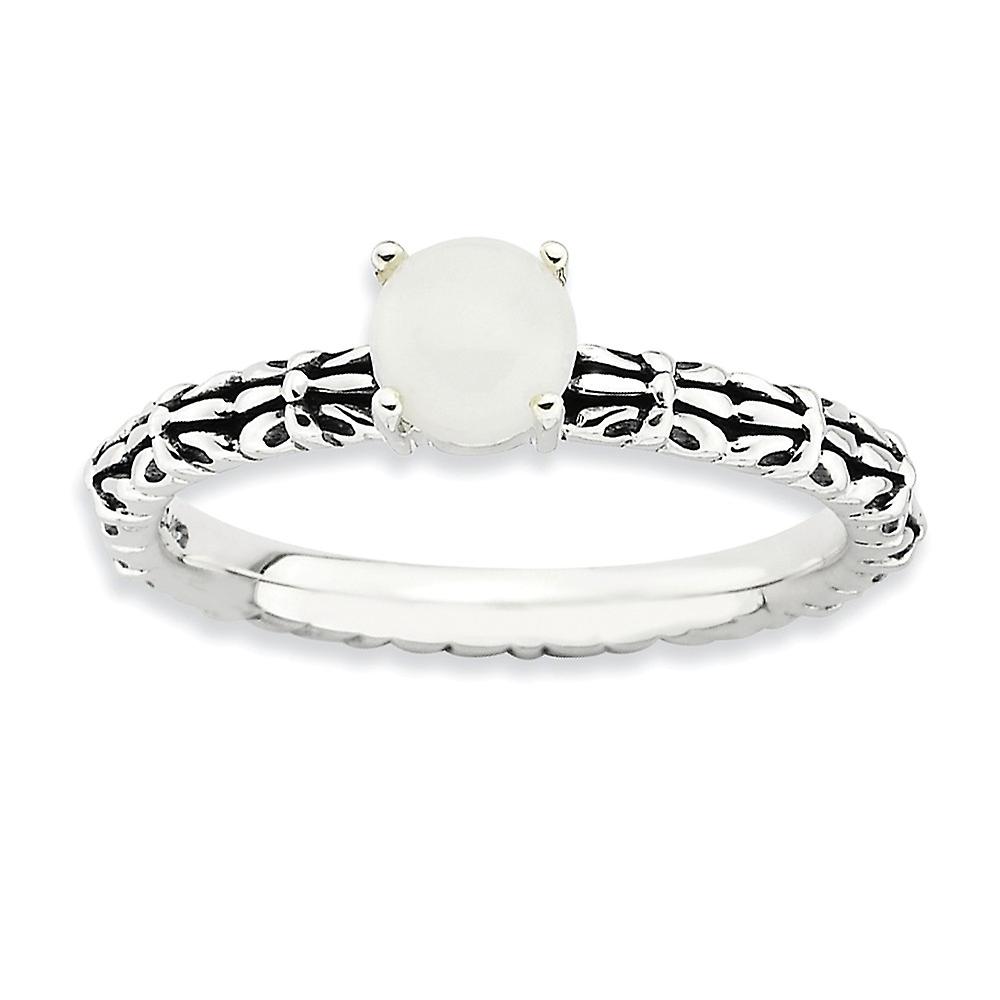 2.5mm 925 Sterling Silver Polished Prong set Oxidized Stackable Antiquedwhite Agate Ring Stackable Ring for Women - Ring